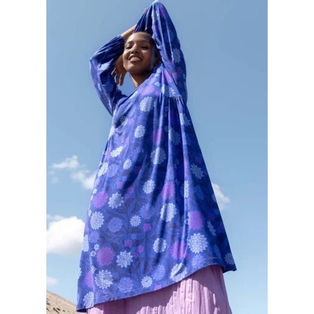 Gudrun Sjoden Pink Moon Jersey Dress Size XL Blue Floral Lyocell Boho Lagenlook